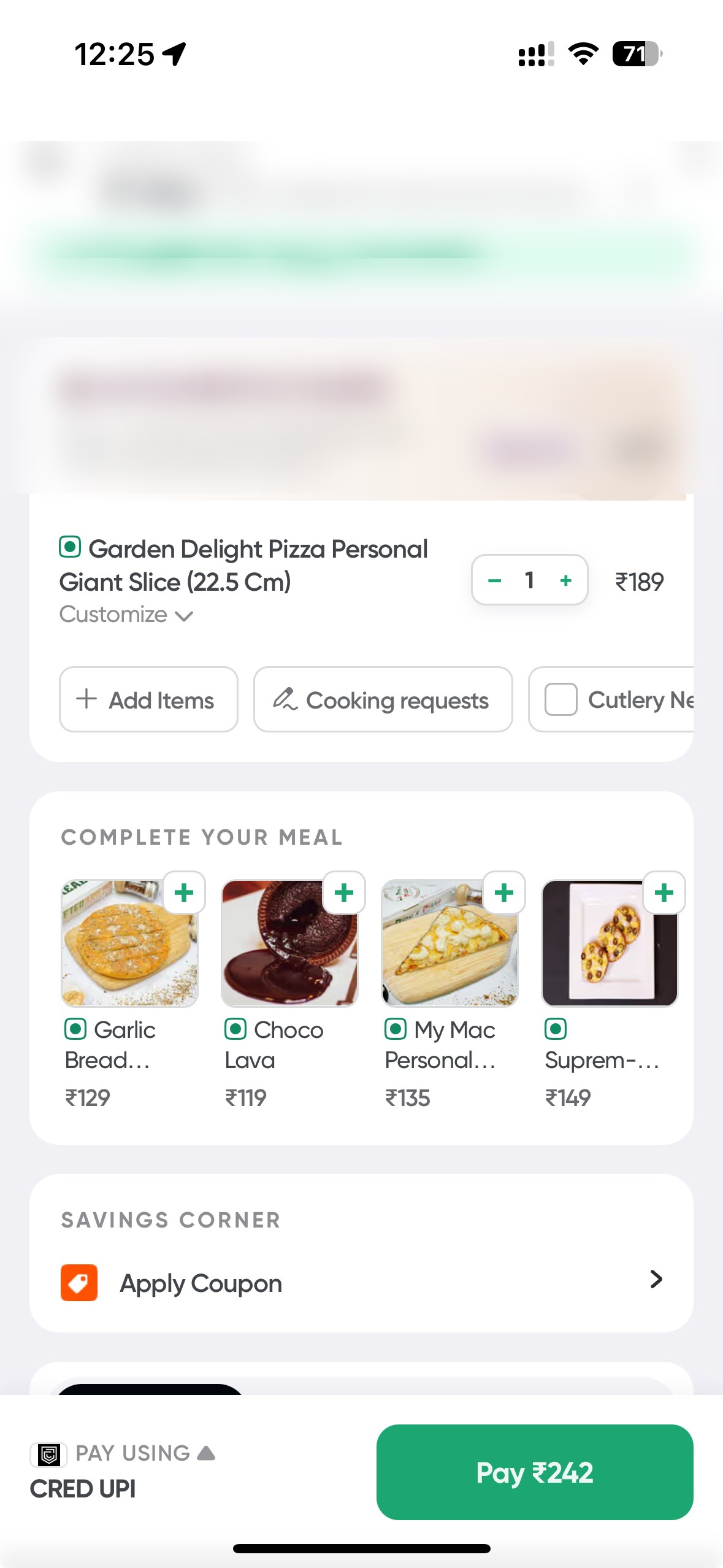 Food delivery app checkout screen showing ₹189 item priced at ₹242 after fees
