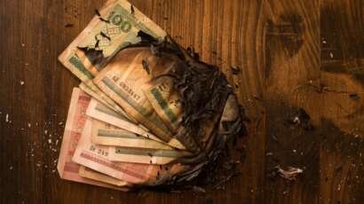 Scorched banknotes scattered on a dark surface symbolising the financial losses of Grofers marketing strategy in India before its rebrand to Blinkit