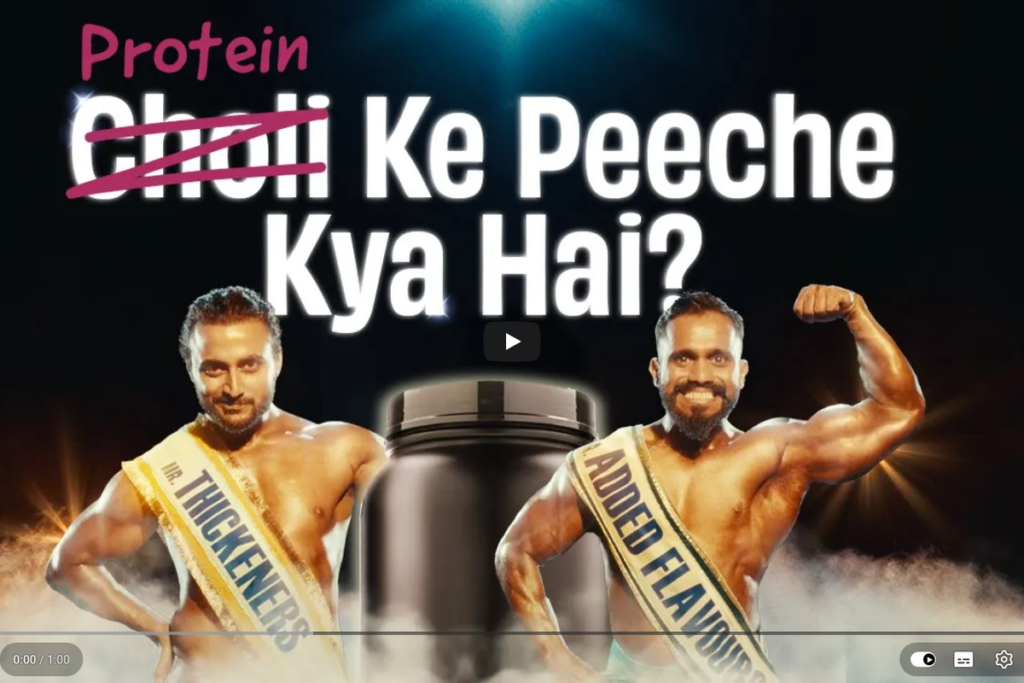 The Whole Truth Foods Protein Ke Peeche Kya Hai ad showing bodybuilders with protein tub and Choli Ke Peeche parody text