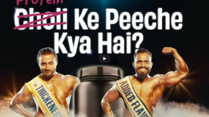 The Whole Truth Foods Protein Ke Peeche Kya Hai ad showing bodybuilders with protein tub and Choli Ke Peeche parody text