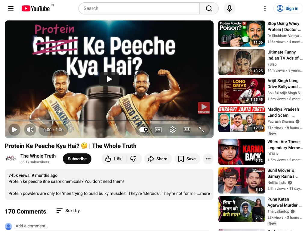 The Whole Truth Protein Ke Peeche Kya Hai YouTube ad with 748K views, showing Shashank Mehta holding TWT protein with bodybuilders and Choli Ke Peeche parody text