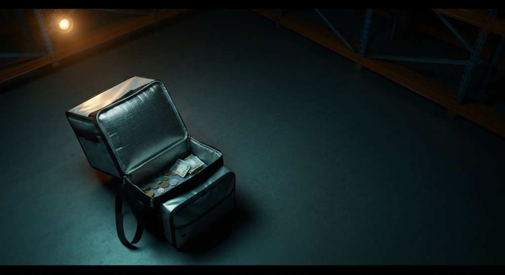 An open delivery backpack on a dim warehouse floor holding only a few coins and notes