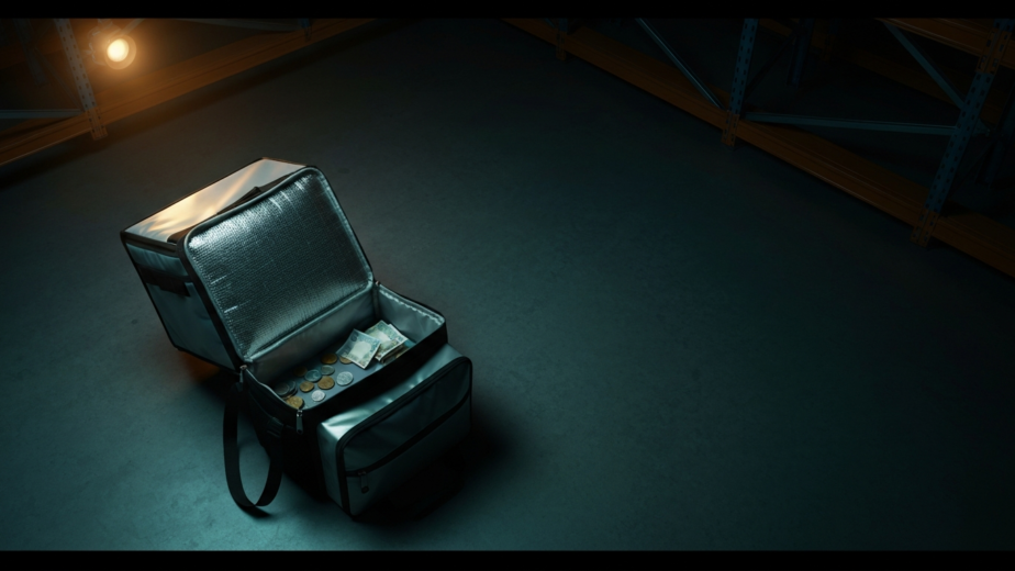 An open delivery backpack on a dim warehouse floor holding only a few coins and notes