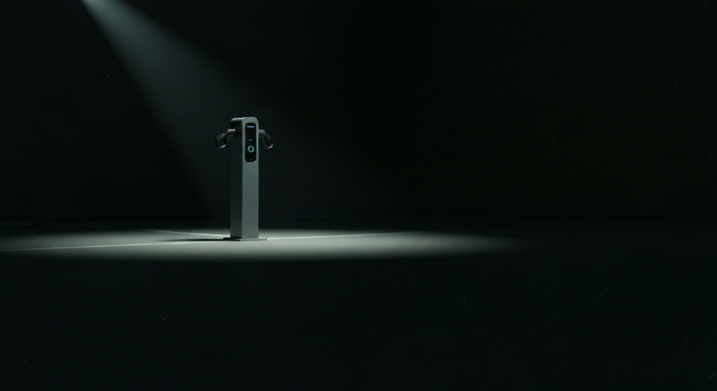 Home 7 A lone electric scooter fast charging point lit by a single overhead light on a dark forecourt