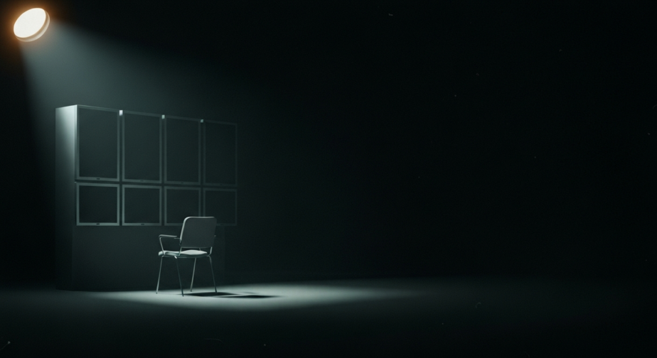 A single empty chair facing a bank of switched-off screens in a dark deserted room under one hard shaft of light