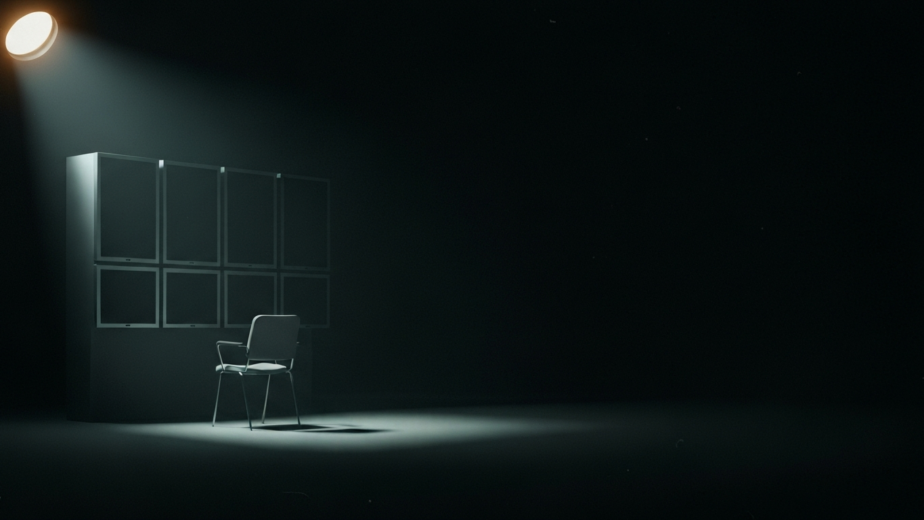 A single empty chair facing a bank of switched-off screens in a dark deserted room under one hard shaft of light
