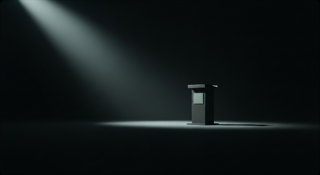 A single empty auction podium lit by one shaft of light in a dark hall