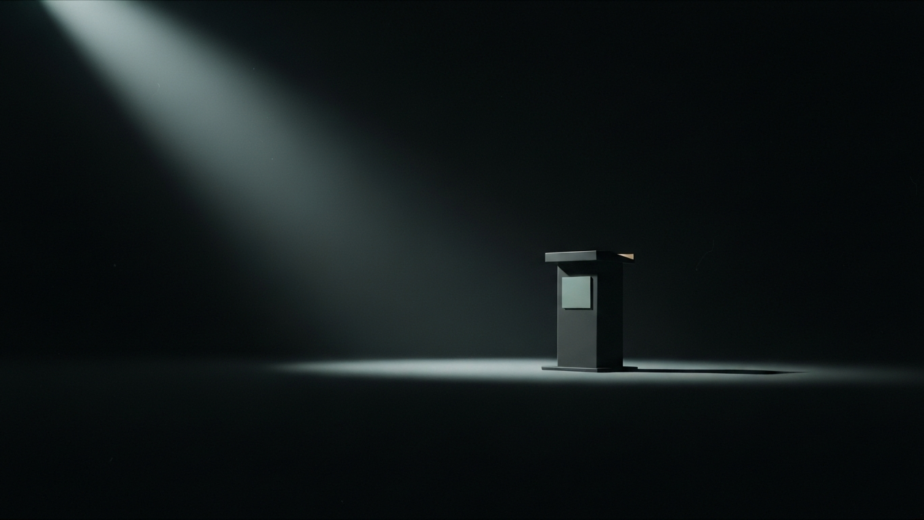 A single empty auction podium lit by one shaft of light in a dark hall