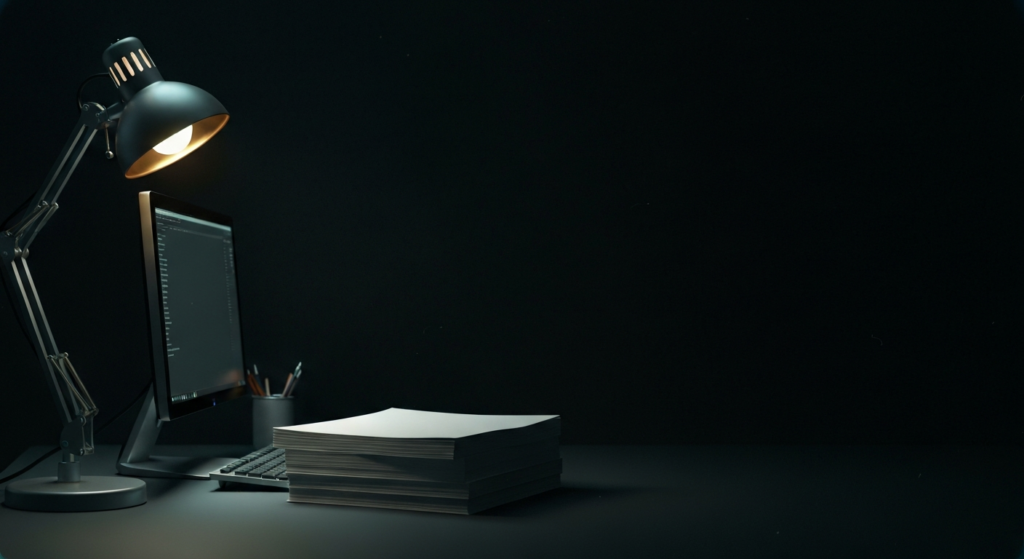 Home 8 A desk lamp lighting a dark developer workspace with a monitor and a stack of printed pages