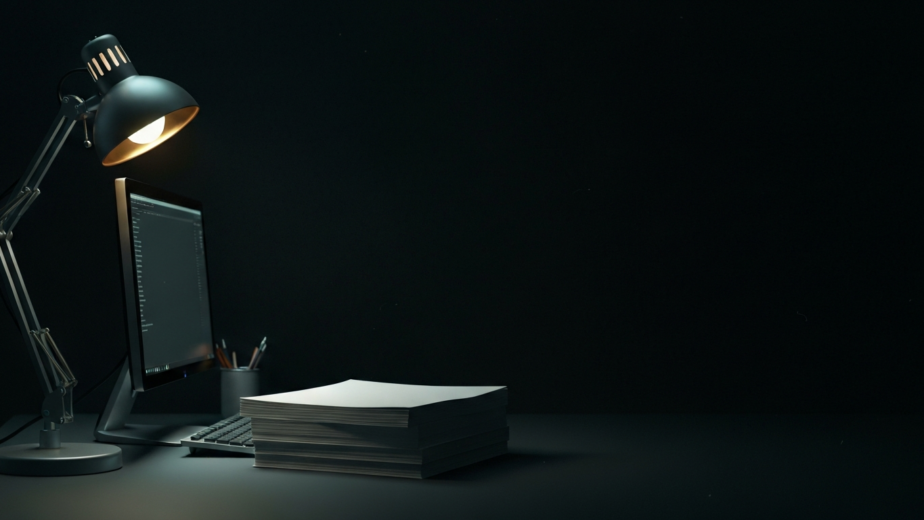 A desk lamp lighting a dark developer workspace with a monitor and a stack of printed pages