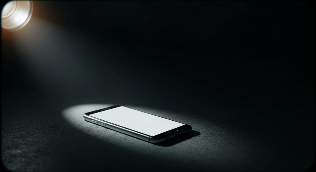 Home 7 A smartphone lying face up on dark concrete, screen glowing blank, one hard shaft of light falling across it