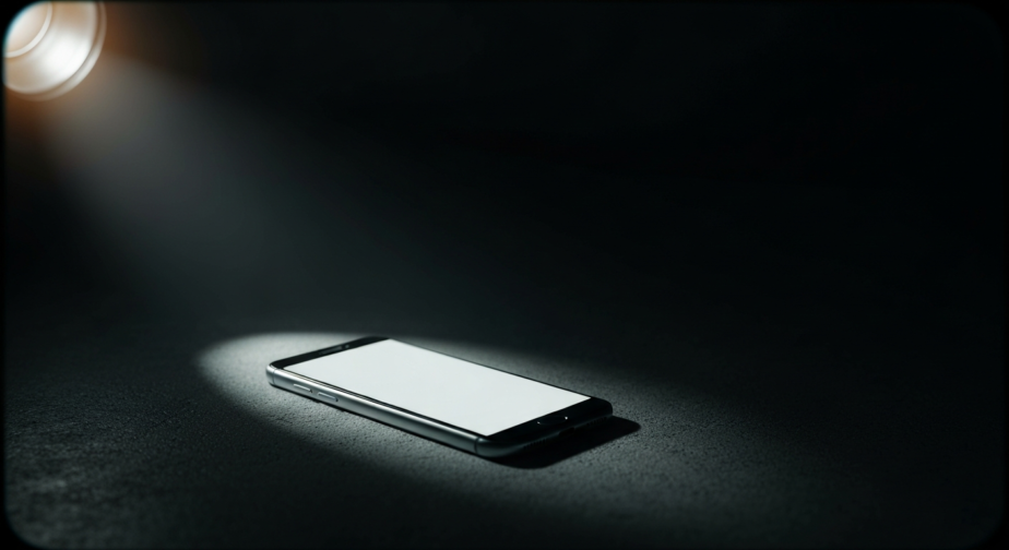 A smartphone lying face up on dark concrete, screen glowing blank, one hard shaft of light falling across it