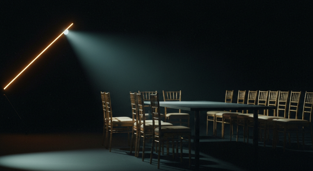 Home 7 An empty banquet hall at night, rows of gold chairs and a bare table under one hard overhead light