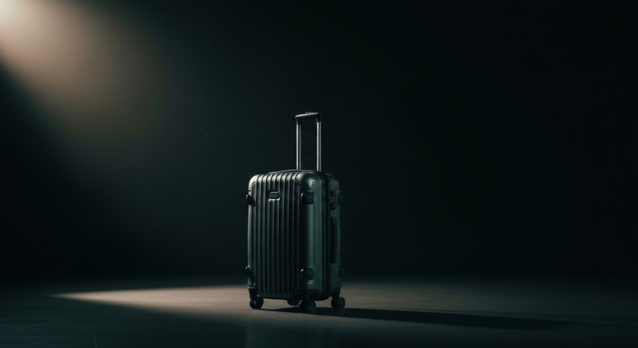 A single dark hard-shell suitcase standing alone on a polished floor under one shaft of overhead light.