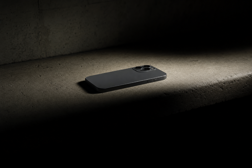 A smartphone lying face down on a concrete counter in a dark room, lit by a single hard shaft of light