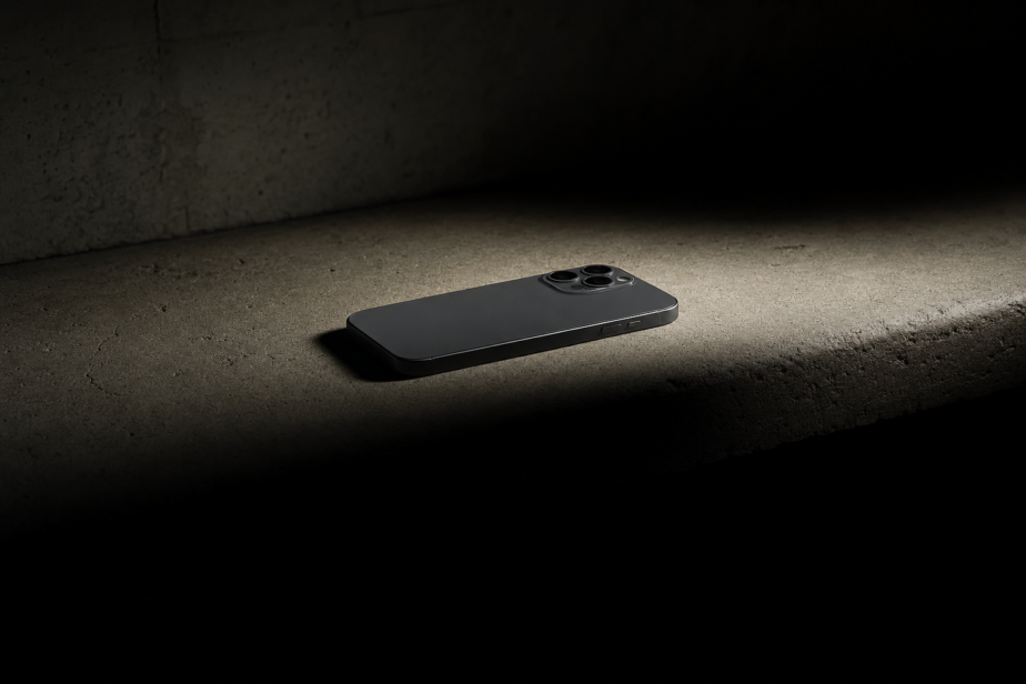 A smartphone lying face down on a concrete counter in a dark room, lit by a single hard shaft of light
